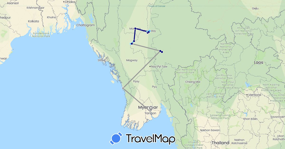TravelMap itinerary: driving, plane, boat in Myanmar (Burma) (Asia)